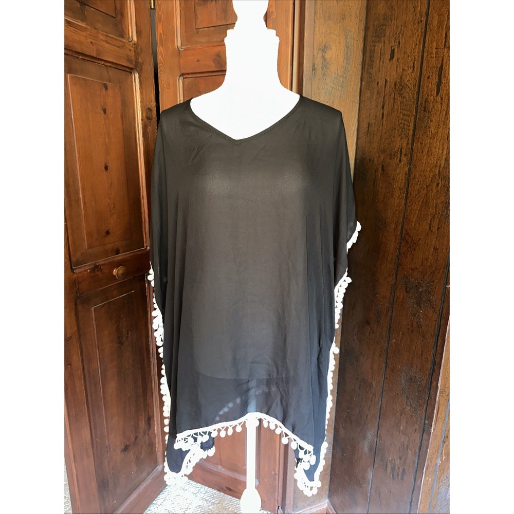 Womens Adreamly One Size Fits All Black Cover Up Beach‎ With Pompoms- EUC